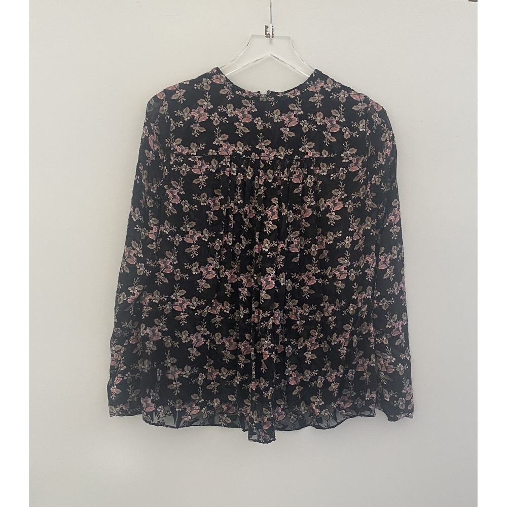 Rebecca Taylor Silk Blend Floral Burnout Blouse Black Pink Drawstring Top 2 - Picture 5 of 9